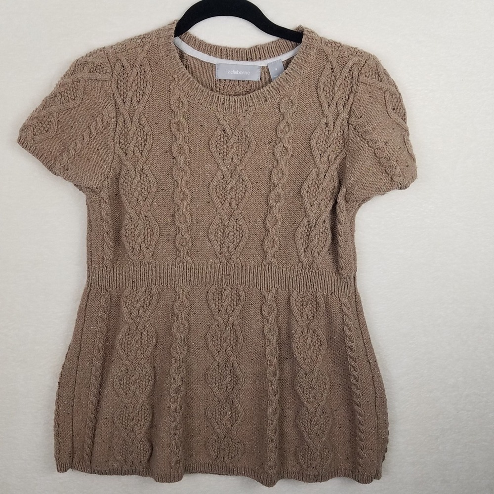 Liz Claiborne Women M Taupe heather Cable Knit‎ Short Sleeve Sweater Top chunky